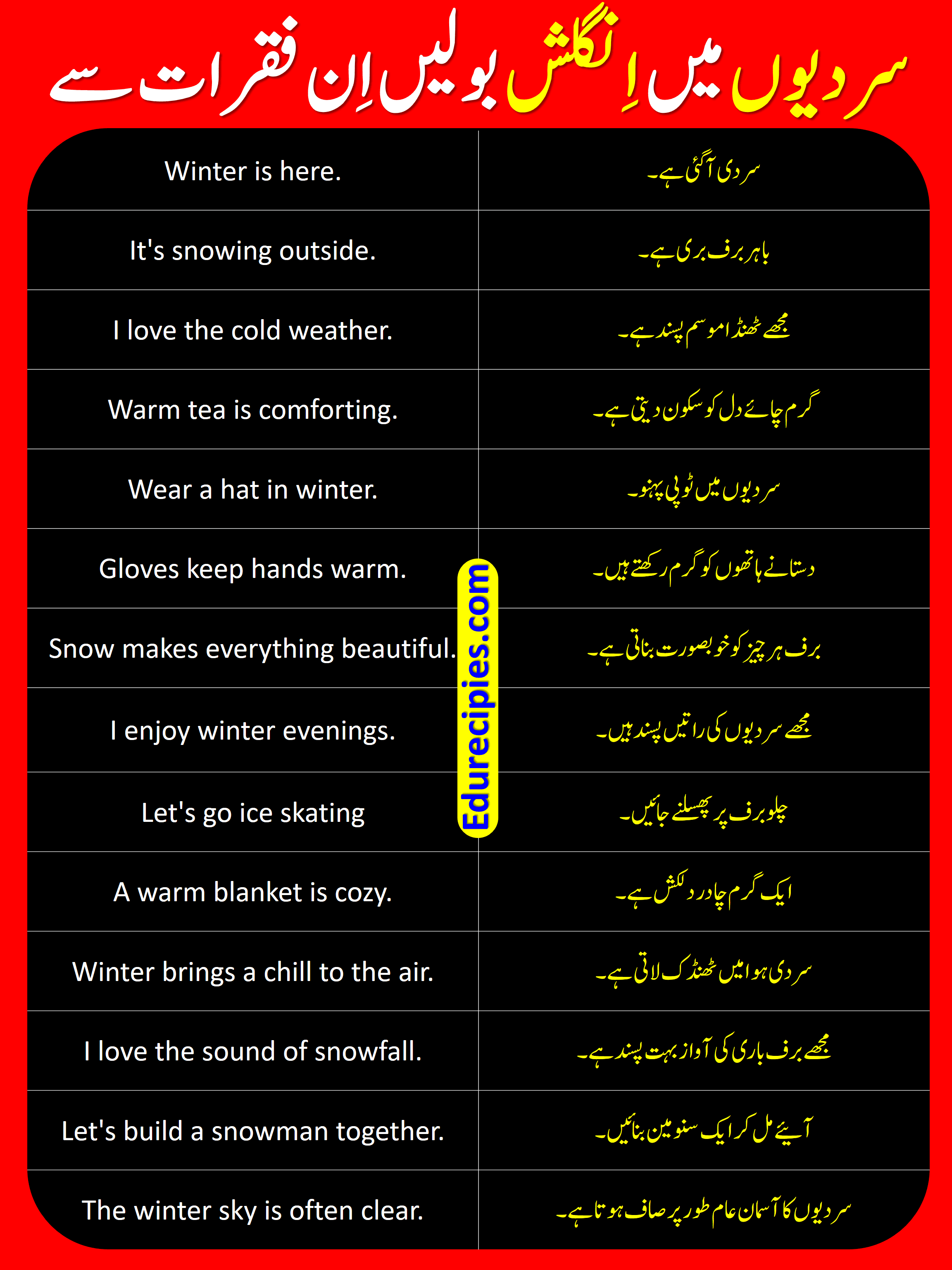 40+English To Urdu Sentences For Winter